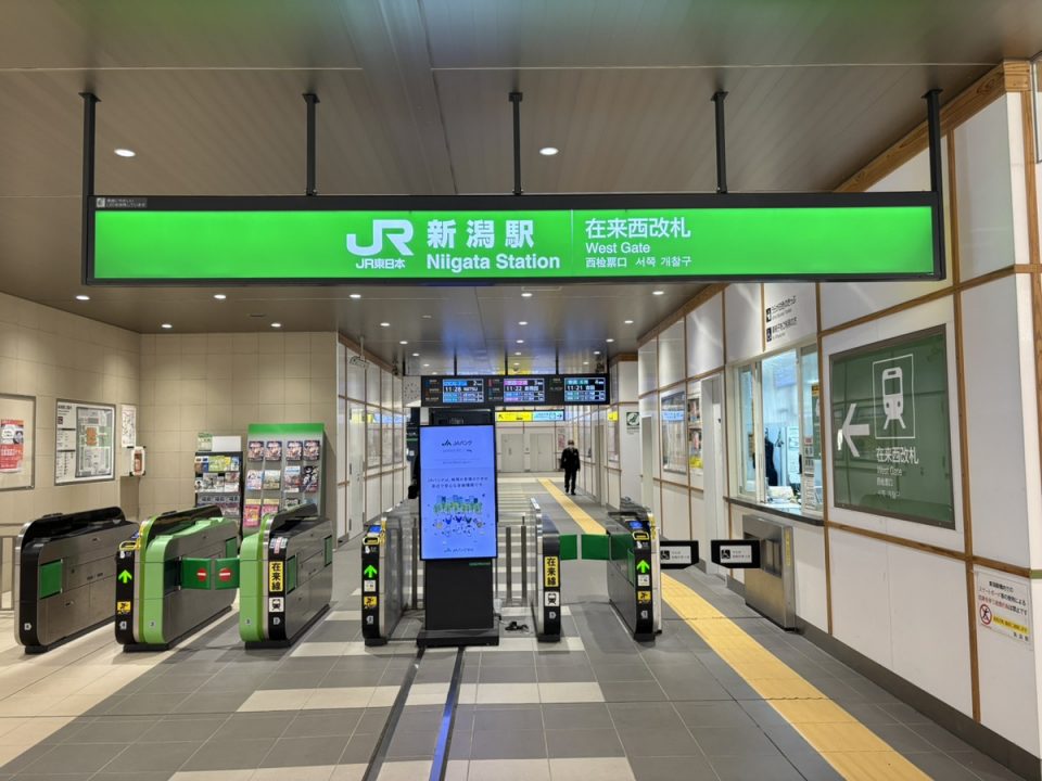 新潟駅西口改札から出て右折し、すぐ左側に見えるエスカレーターを降りて下さい。